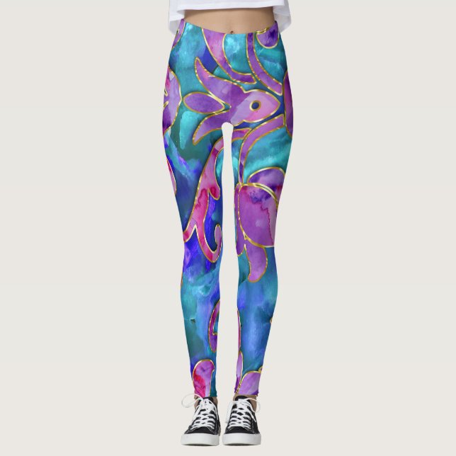 Leggings Aquarelle bleu violet rose Damas (Devant)