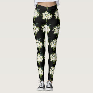 Leggings Aquarelle Bouquet Fleurs blanches Motif noir