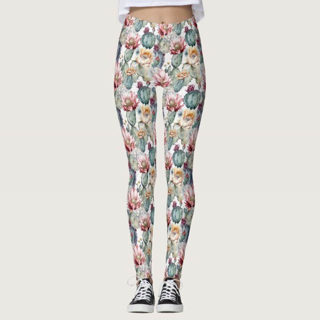 Leggings Aquarelle Cactus en fleurs Succulents (Devant)