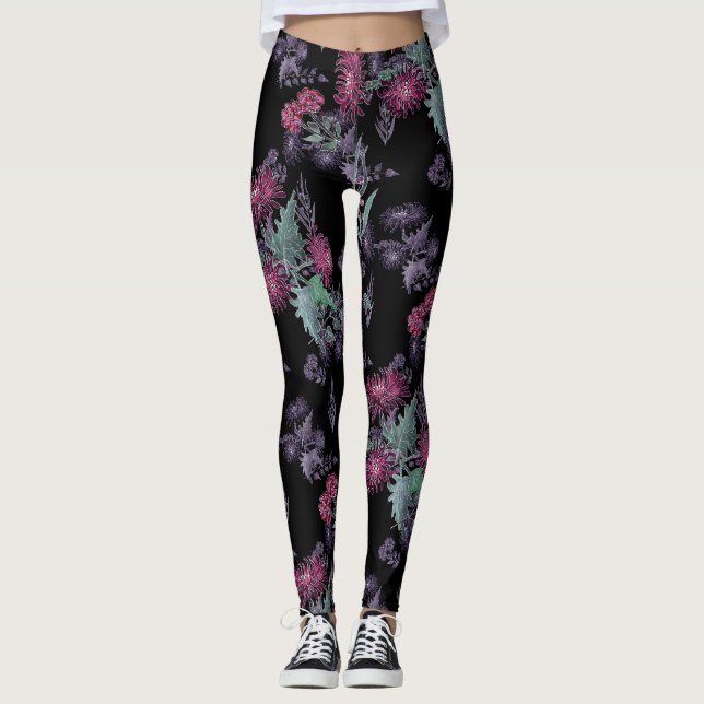 Leggings Aquarelle Chrysanthemums fleurs encre florale impr (Devant)