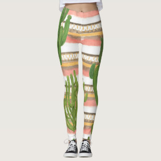 Leggings Aquarelle de cactus, arrière - plan rayé, couche t