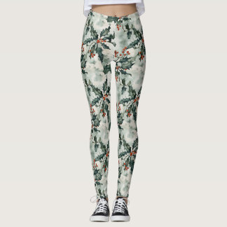 Leggings Aquarelle de Noël Fleurs Holly et baies
