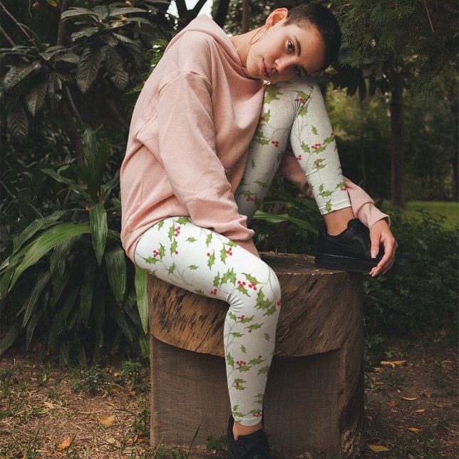 Leggings Aquarelle de Noël simple Holly Berries Verdure (Holiday greenery and red holly berries leggings)