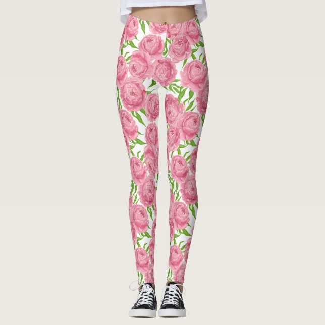 Leggings Aquarelle de pivoines roses (Devant)