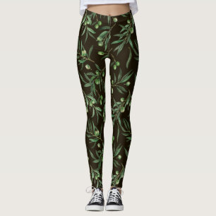 Leggings Aquarelle des branches d'olive en noir