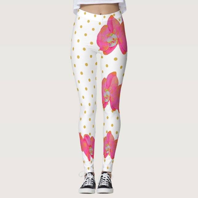 Leggings Aquarelle d'orchidée rose amusante, à petits pois  (Devant)