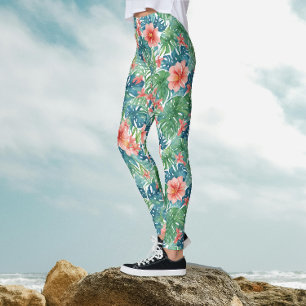 Leggings Aquarelle exotique Tropicale Rouge Hibiscus Hawaïe