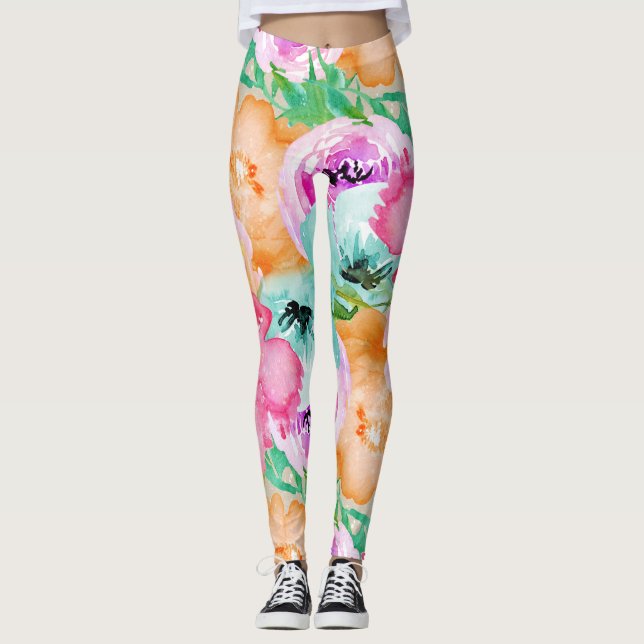 Leggings Aquarelle fleurie de printemps brillante moderne (Devant)