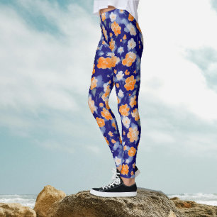 Leggings Aquarelle Florale Bleue Et Orange Moderne