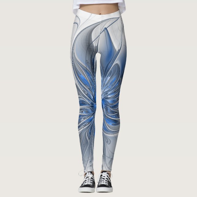 Leggings Aquarelle gris bleu Abstrait Fractal Art Flower (Devant)