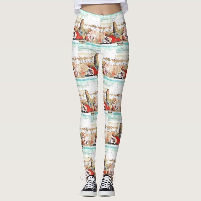 Leggings Aquarelle moderne des coquillages orange sur la pl (Devant)