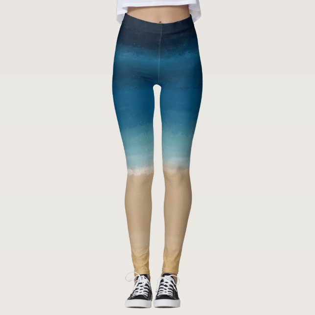Leggings Aquarelle moderne Gold Blue Beach (Devant)