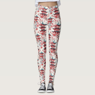 Leggings Aquarelle Pagode chinoise avec fleurs de cerisiers
