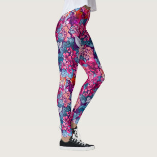 Leggings Aquarelle peinte à la main Motif floral rose pourp