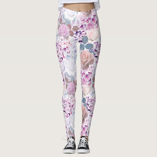 Leggings Aquarelle rose et hydrangée. (Devant)