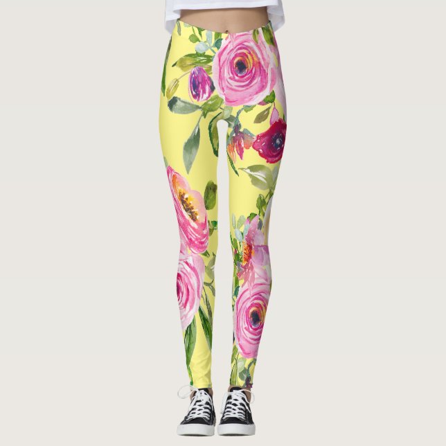 Leggings Aquarelle Roses en rose et rouge sur jaune (Devant)