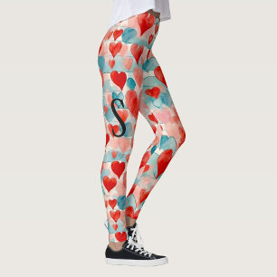 Leggings Aquarelle, rouge, rose, coeurs bleus, monogramme
