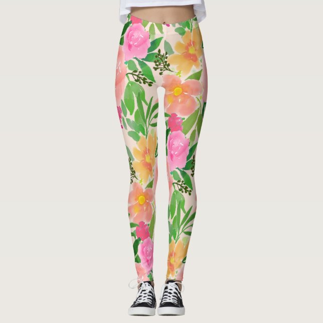Leggings Aquarelle tendance Fleurs roses (Devant)
