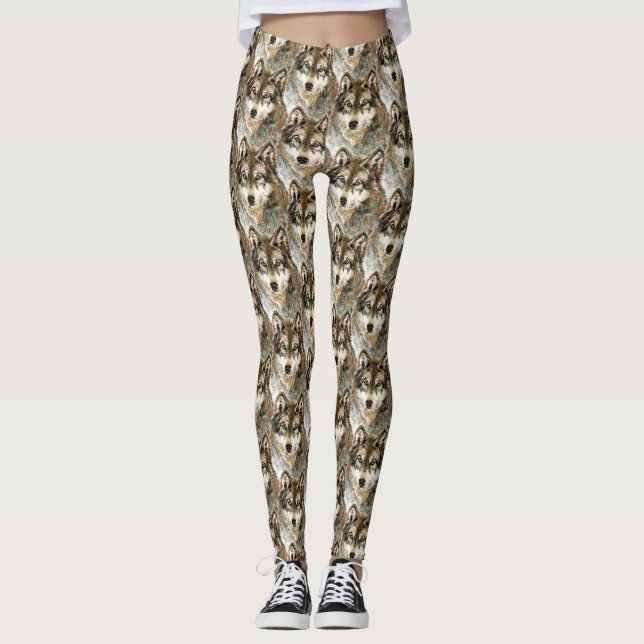 Leggings Aquarelle Tête de loup Gris noir blanc (Devant)
