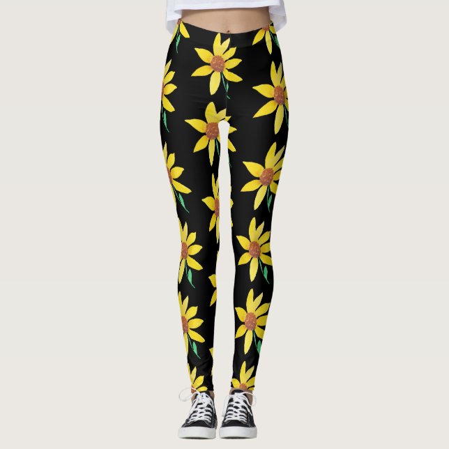 Leggings Aquarelle Tournesol Floral Vibrant main peint (Devant)