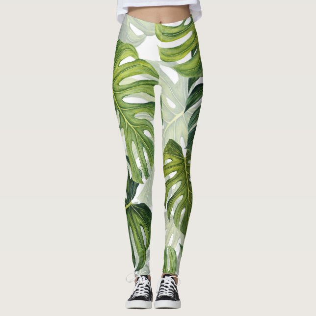 Leggings Aquarelle tropicale de Monstera verte (Devant)