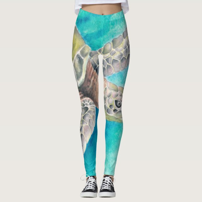 Leggings Aquarelle verte de la tortue marine (Devant)