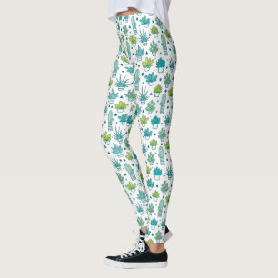 Leggings Aquarelle verte et bleue Motif Succulent