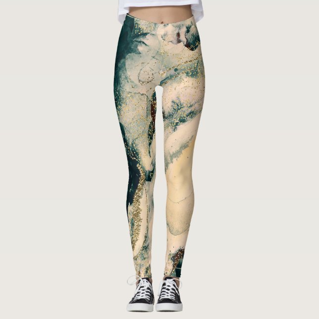 Leggings Aquarelle verte turquoise Galaxie cosmique (Devant)