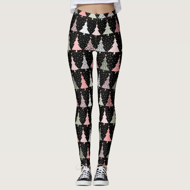 Leggings Arbre de Noël rose et vert avec Arrière - plan noi (Devant)