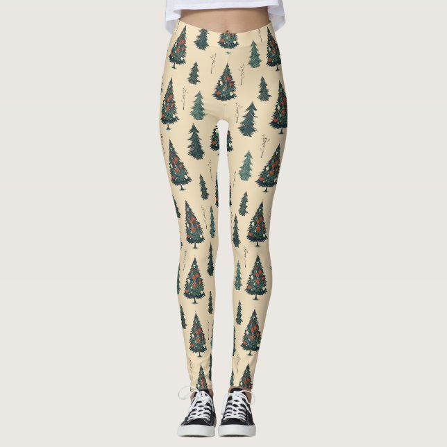 Leggings Arbre de Noël Vintage, Motif d'Arbre à Pins. (Devant)