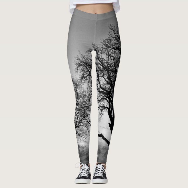 Leggings Arbres dans le réchauffeur noir et blanc de jambe (Devant)
