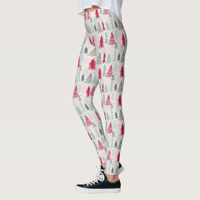 Leggings Arbres de Noël dessinés à la main Pin À feuillage  (Gauche)