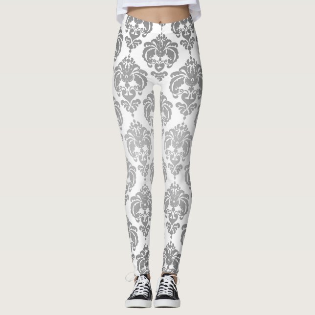 Leggings Argent & blanc Damask Chic Moderne Motif élégant (Devant)