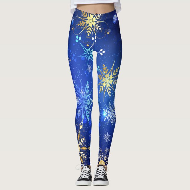 Leggings Arrière - plan Bleu XMAS avec des flocons de neige (Devant)