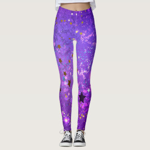 Leggings Arrière - plan de feuille violet avec étoiles
