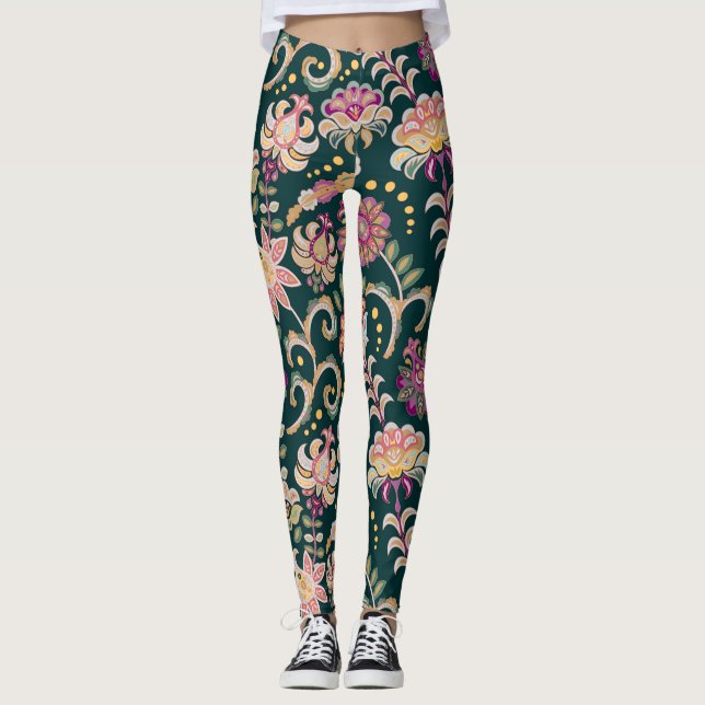 Leggings Arrière - plan floral rose foncé (Devant)