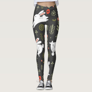 Leggings Arrière - plan foncé, lapins blancs, vintage flora