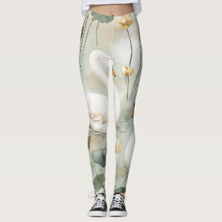 Leggings Art de l'aquarelle Cygne Blanc et Nénuphar de Luxe