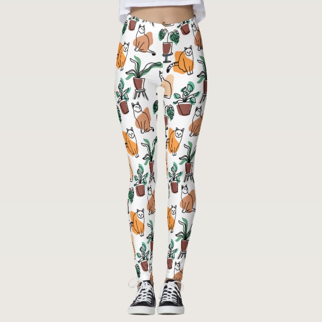 Leggings Art de trait dessin chats et fleurs (Devant)