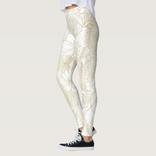 Leggings Art moderne Gold White Floral Doodles