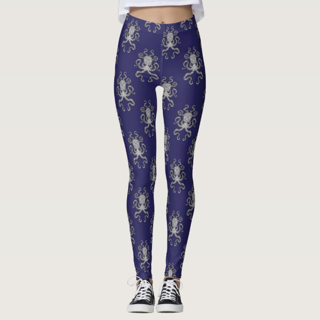 Leggings Art nautique d'illustration de gris bleu de poulpe (Devant)