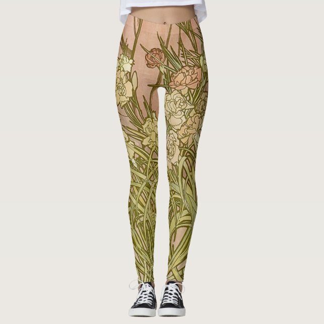 Leggings Art Nouveau Alfonse Mucha fleurs d'oeillets floral (Devant)