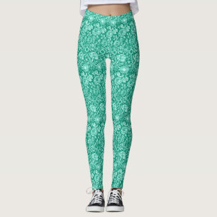 Leggings Art Nouveau Carnation Damask, Turquoise