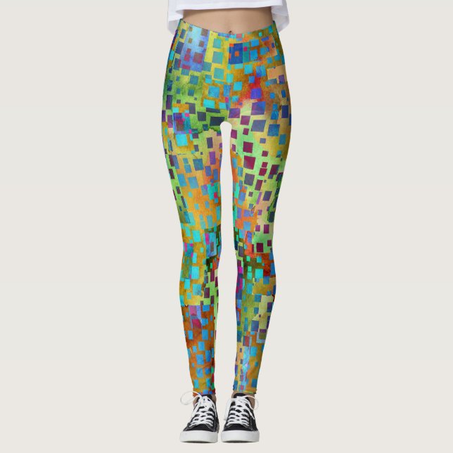Leggings Art numérique abstrait coloré avec des carrés (Devant)