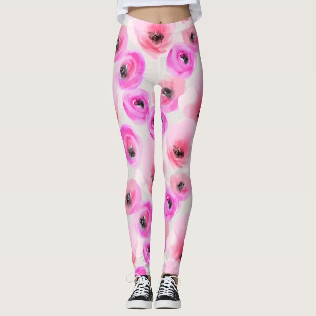 Leggings Art numérique d'aquarelle rose Fleurs (Devant)