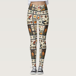 Leggings Art populaire Motif de courtepointe d'automne Ré