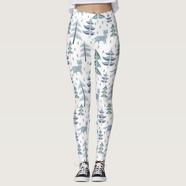 Leggings Art populaire Renard d'hiver et arbres (Devant)