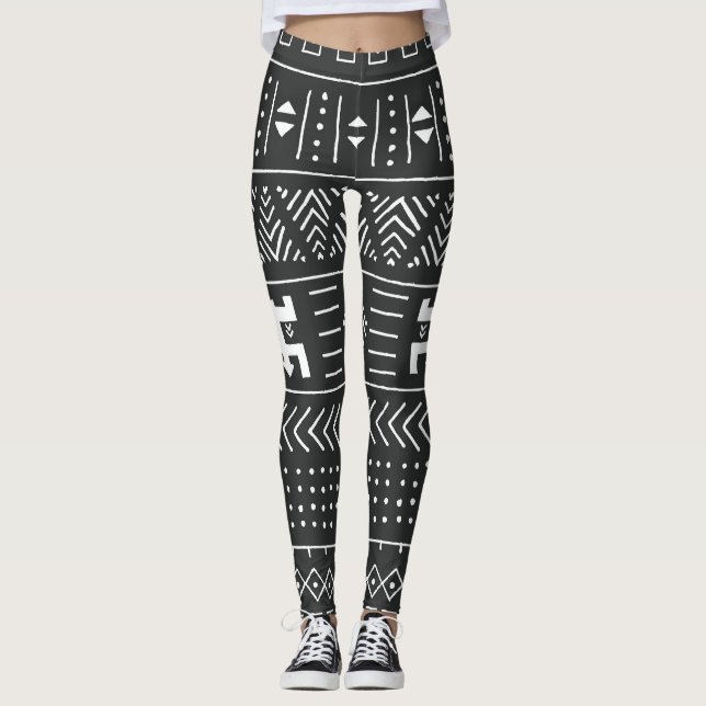 Leggings Art Tribal Africain : Géométrique Noir & Blanc (Devant)