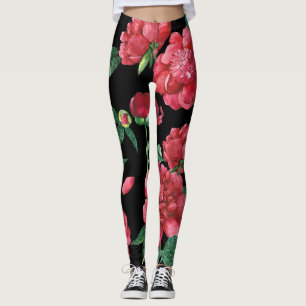 Leggings Artistiques à Motif Floral de Pivoine Vin