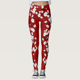 Leggings Asie Floral blanc cerisier rouge